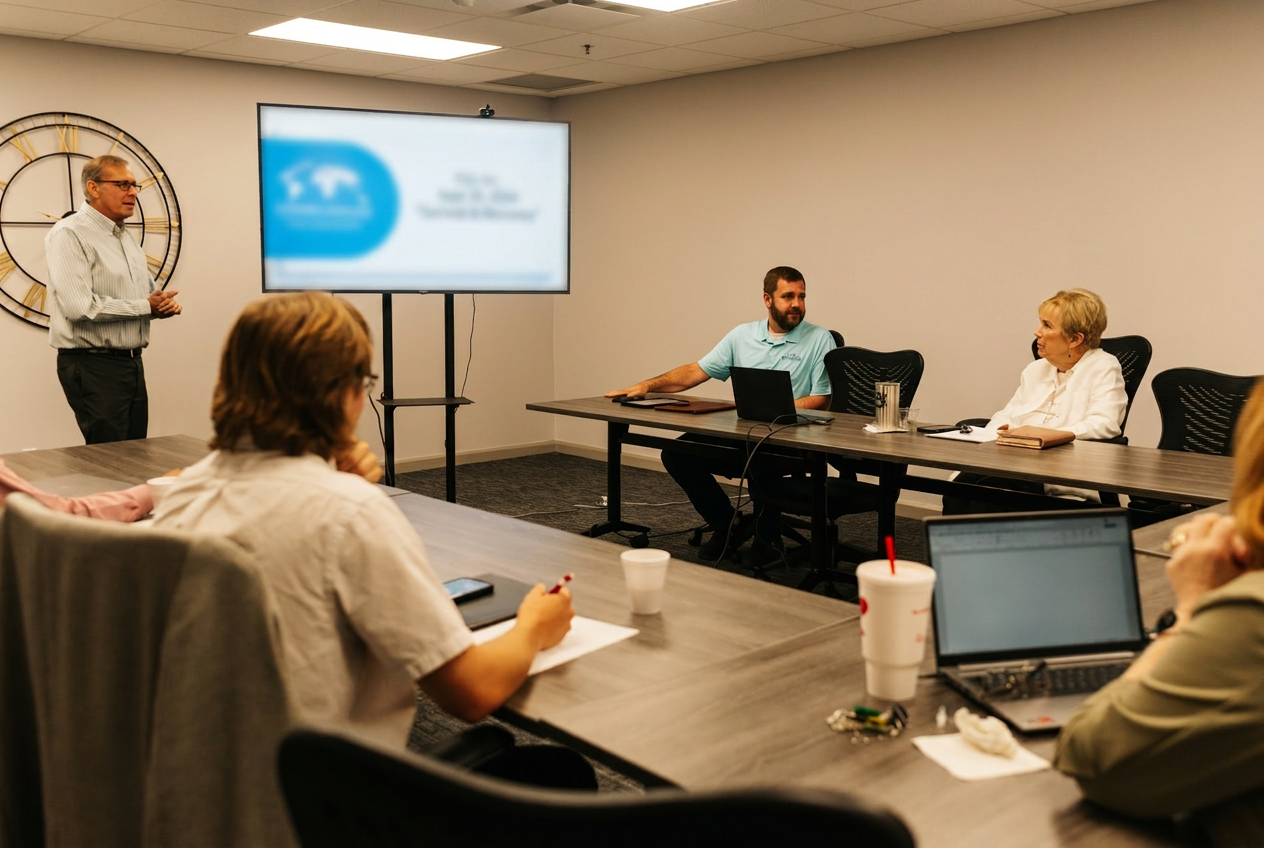 Business owners collaborating during a facilitated peer advisory board session in Huntsville